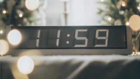 Close-up of a digital clock displaying 11:59, with blurred Christmas lights in the background. Ai generatedの素材