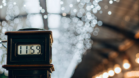 Close-up of a vintage-style digital clock displaying 11:58 against a blurred background of bokeh lights.の写真素材