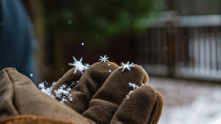 Close-up of snowflakes resting on a brown glove outdoors. The background is blurred, suggesting a cold winter setting. Ai generatedの写真素材