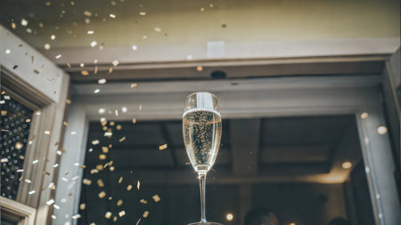 A glass of champagne sits in the foreground with gold confetti falling around it, creating a celebratory atmosphere. Ai generatedの素材