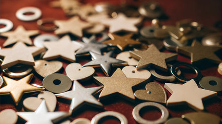 Close-up of various metallic stars and hearts on a red background.  Ideal for crafting or holiday themes. Ai generatedの素材