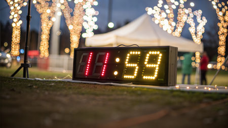 Close-up of a digital timer displaying 11:59, with blurred background lights and people.の写真素材
