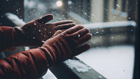 Close-up of hands in brown gloves, catching snowflakes during a snowfall.の写真素材