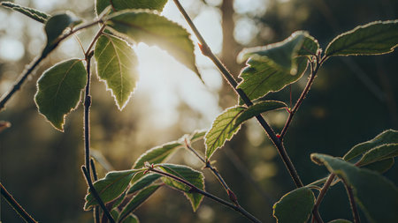 Close-up of leaves backlit by sunlight, showing intricate details and textures. Ai generatedの素材