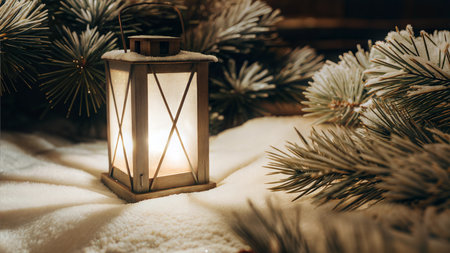 A warm, glowing lantern sits in the snow surrounded by snowy pine branches.  Cozy winter scene.の写真素材