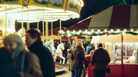Blurry image of people at a Christmas market with a carousel and food stalls.の写真素材