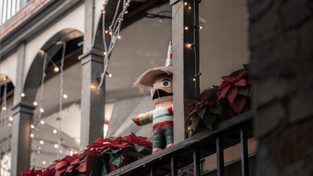 A traditional piÃ±ata sits on a balcony decorated with Christmas lights and poinsettias, creating a festive atmosphere.の写真素材