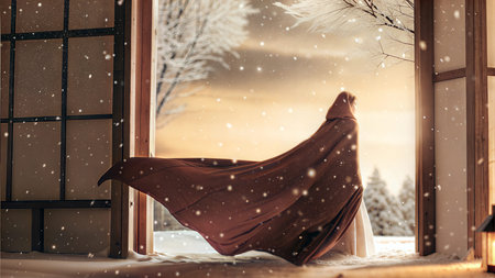 A woman wearing a brown cloak steps out of a doorway into a snowy winter scene. The image evokes a sense of mystery and wonder.の写真素材