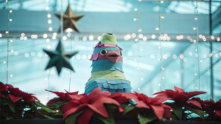 A colorful piÃ±ata in the shape of a bird sits in front of poinsettia plants with string lights in...
