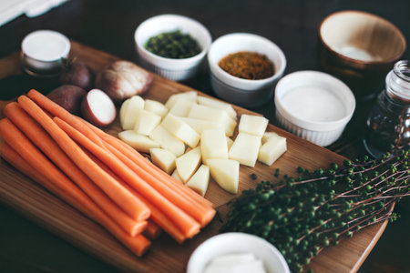 Close-up of chopped carrots, potatoes, and other vegetables with spices on a wooden cutting board. ...