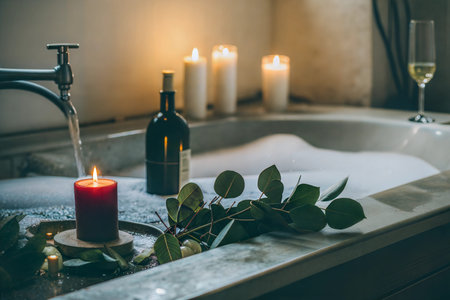 A luxurious bath scene with candles, wine, and eucalyptus leaves creating a spa-like atmosphere.