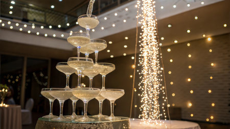 A sparkling champagne pyramid is the centerpiece of an elegant event, beautifully lit with warm string lights in the background.の写真素材