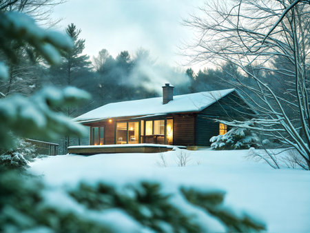 A charming wooden cabin nestled in a snowy forest, smoke rising from its chimney, evokes a sense of warmth and tranquility.の写真素材