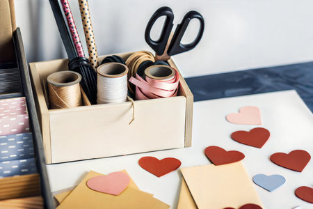 Close-up of a wooden box filled with ribbons, washi tapes, and twine, along with handmade hearts on...