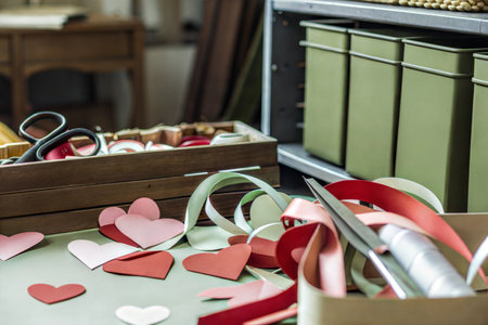 Close-up of various colored paper hearts and ribbons on a table, with craft supplies in the background.の写真素材