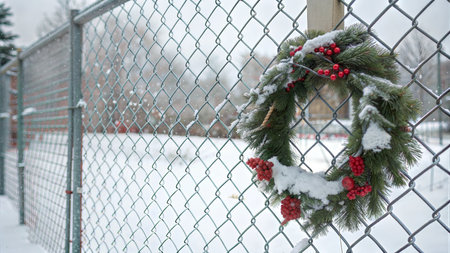 A Christmas wreath, covered in snow, hangs on a chain link fence in a winter scene.の写真素材