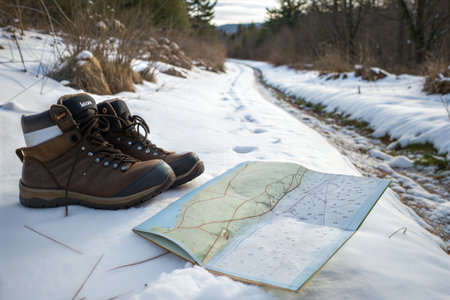 Brown leather hiking boots and a trail map rest on snow-covered ground along a path through a winter forest.の写真素材