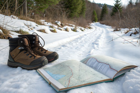 Pair of brown hiking boots and an open map on snow.  Snowy path leads into a winter forest.の写真素材
