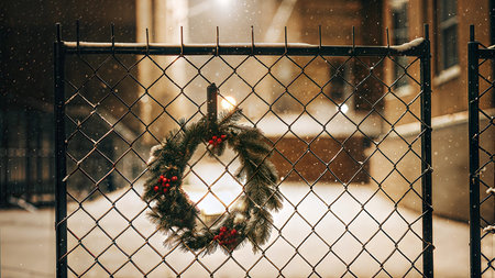 A Christmas wreath hangs on a chain-link fence during a snowfall. The background is blurry, showing...