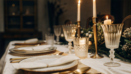 Elegant dinner table decorated with candles, gold cutlery, and glassware.  Perfect for a romantic or festive occasion.の写真素材