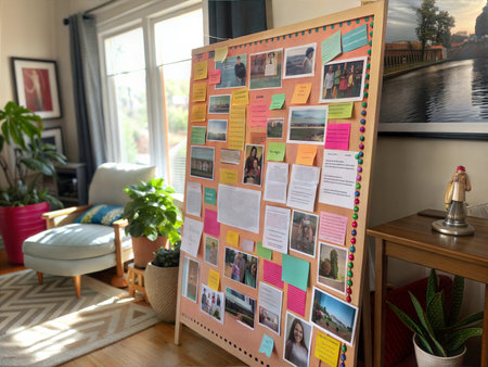 A large corkboard displays photos, handwritten notes, and mementos, likely documenting family history and travels.の写真素材