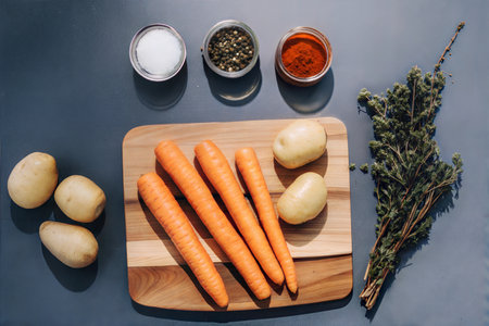 Fresh carrots, potatoes, thyme, salt, pepper and paprika on a wooden cutting board.  Top view.の写真素材