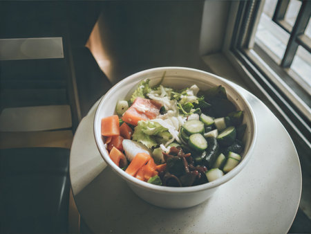 Close-up of a fresh salad in a bowl with various colorful vegetables.の写真素材