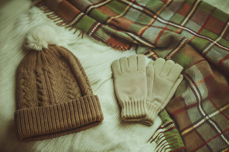 A brown knitted hat, beige gloves, and a green and brown plaid scarf on a fluffy white background.の写真素材