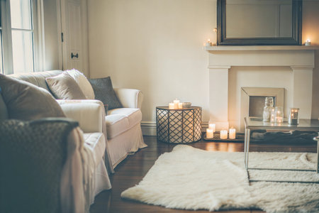 A cozy living room scene with a white sofa, lit candles, and a sheepskin rug.  Warm and inviting atmosphere.の写真素材
