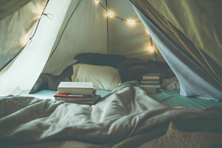 A comfortable bed inside a tent, illuminated by string lights, with books ready for a relaxing read.の写真素材