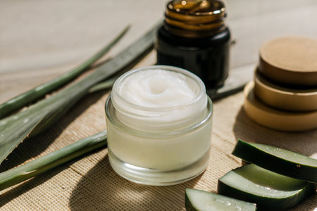 Close-up of an aloe vera cream jar with fresh aloe vera leaves and slices. Natural skincare concept.の写真素材