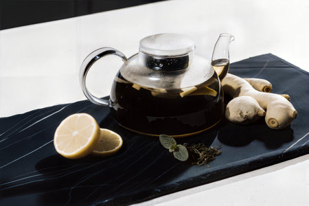 A glass teapot of ginger tea with lemon slices and fresh ginger root on a dark marble surface.の写真素材