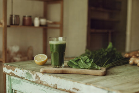 Glass of healthy green smoothie with spinach and lemon on rustic kitchen table.の写真素材