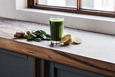 Healthy green smoothie in glass on wooden table near window.  Ingredients include ginger, spinach, and lemon.の写真素材