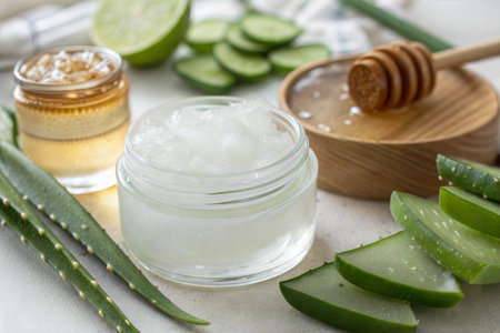 Close-up of a homemade skincare recipe with aloe vera, honey, and lime.  Perfect for natural beauty.の写真素材