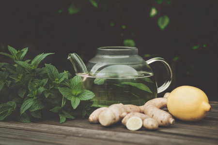 Glass teapot of herbal tea with fresh mint, ginger, and lemon on wooden table.の写真素材