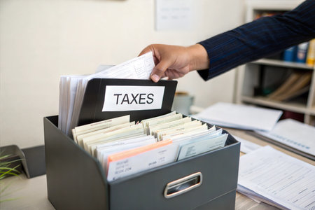 A person organizes tax documents in a filing box.  Financial paperwork and record-keeping.の写真素材