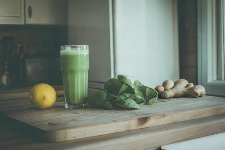 A glass of green smoothie with ingredients lemon, spinach, and ginger on a wooden board.の写真素材