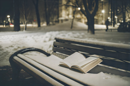 A book rests open on a snow-covered bench in a park at night. City lights blur in the background.の写真素材