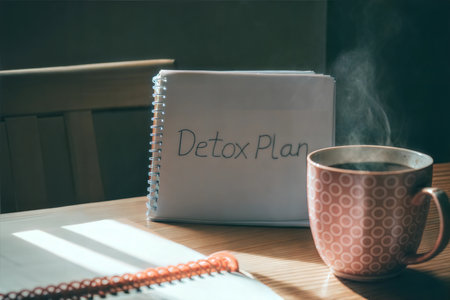 A notebook with the words 'Detox Plan' written on it sits on a table next to a steaming cup of coffee.の写真素材