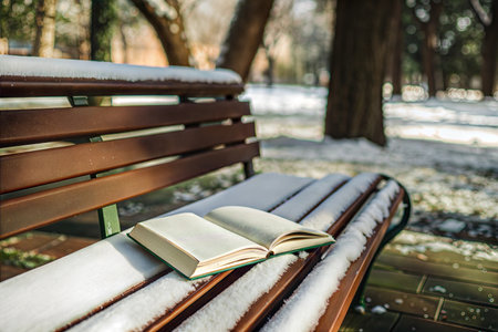 Open book rests on a snow-covered park bench.  Winter scene.の写真素材