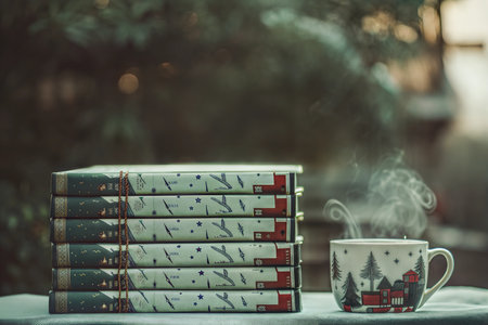 A stack of books with a warm drink, perfect for a winter's day.  Cozy and inviting atmosphere.の写真素材