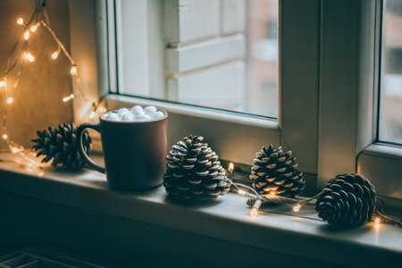 Hot cocoa with marshmallows and pine cones on a windowsill with fairy lights. Warm and inviting winter atmosphere.の写真素材