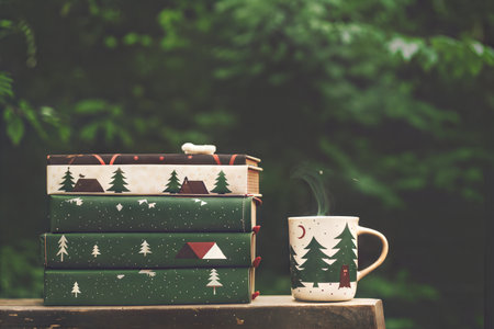 A stack of books with winter designs sits next to a steaming mug of coffee outdoors.の写真素材