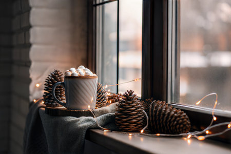 A warm mug of hot chocolate with marshmallows sits on a windowsill decorated with pine cones and fairy lights.の写真素材