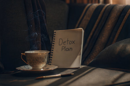 A cup of tea and a notebook with a detox plan written on it sit on a couch. The scene is dimly lit, creating a calm and peaceful atmosphere.の写真素材