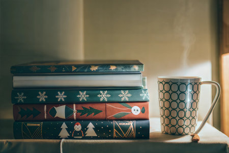 Stack of books with festive covers and a steaming mug on a table. Perfect for a winter's day.の写真素材