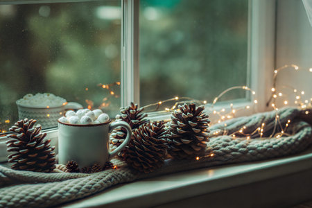 A mug of hot cocoa with marshmallows sits on a windowsill decorated with pine cones and fairy lights, creating a warm and inviting winter atmosphere.の写真素材