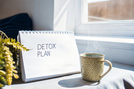 A desk with a detox plan written on a notepad, a cup of coffee, and a plant. The sun shines through a window.の写真素材