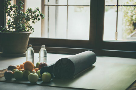Yoga mat, fruits, and water bottles near a window, symbolizing health and wellness.の写真素材